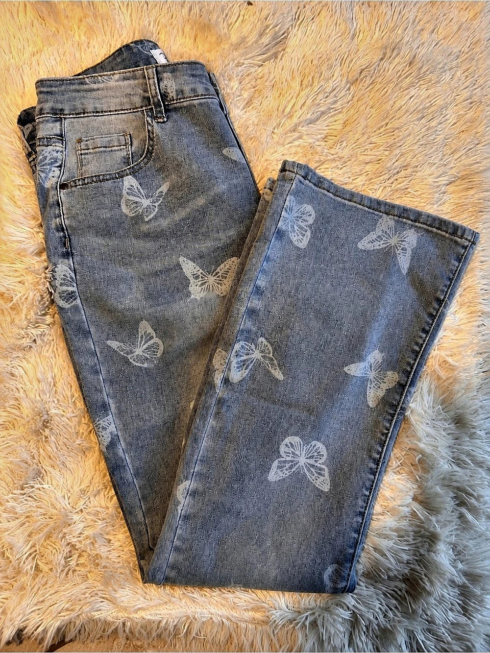 Honey Bustle Butterfly Print High-Rise Bootcut Jeans, 14 Petite
